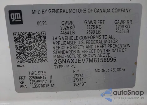 2021 Chevrolet Equinox Fwd 2Fl из США, поврежденный, VIN 2GNAXJEV7M6158995